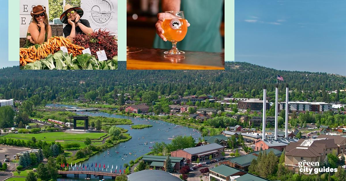 Background aerial view image of Bend, Ore., alongside two smaller photos from the Bend Farmers Market Instagram page, the Deschutes Brewery Bend Public House Instagram page, and the Green Matters "Green City Guides" logo