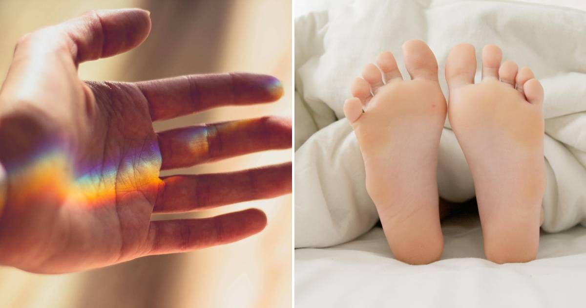 (L) A person's open palm. (R) The soles of a person's feet. (Representative Cover Image Source: Pexels | (L) Valeria Poltneva, (R) Artem Podrez)