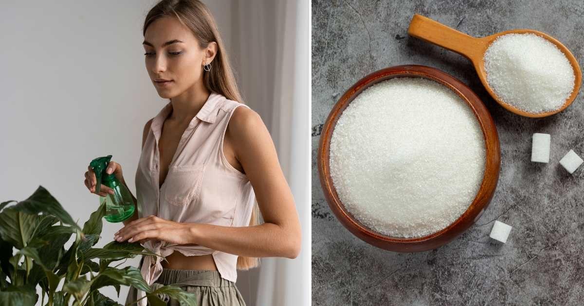 (L) Woman sprays water on a houseplant, (R) A bowl and a spoon filled with white sugar (Representative Cover Image Source: FreePik)