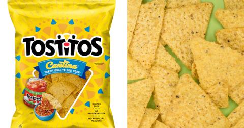 A bag of Tostitos chips appears on the left beside loose tortilla chips.