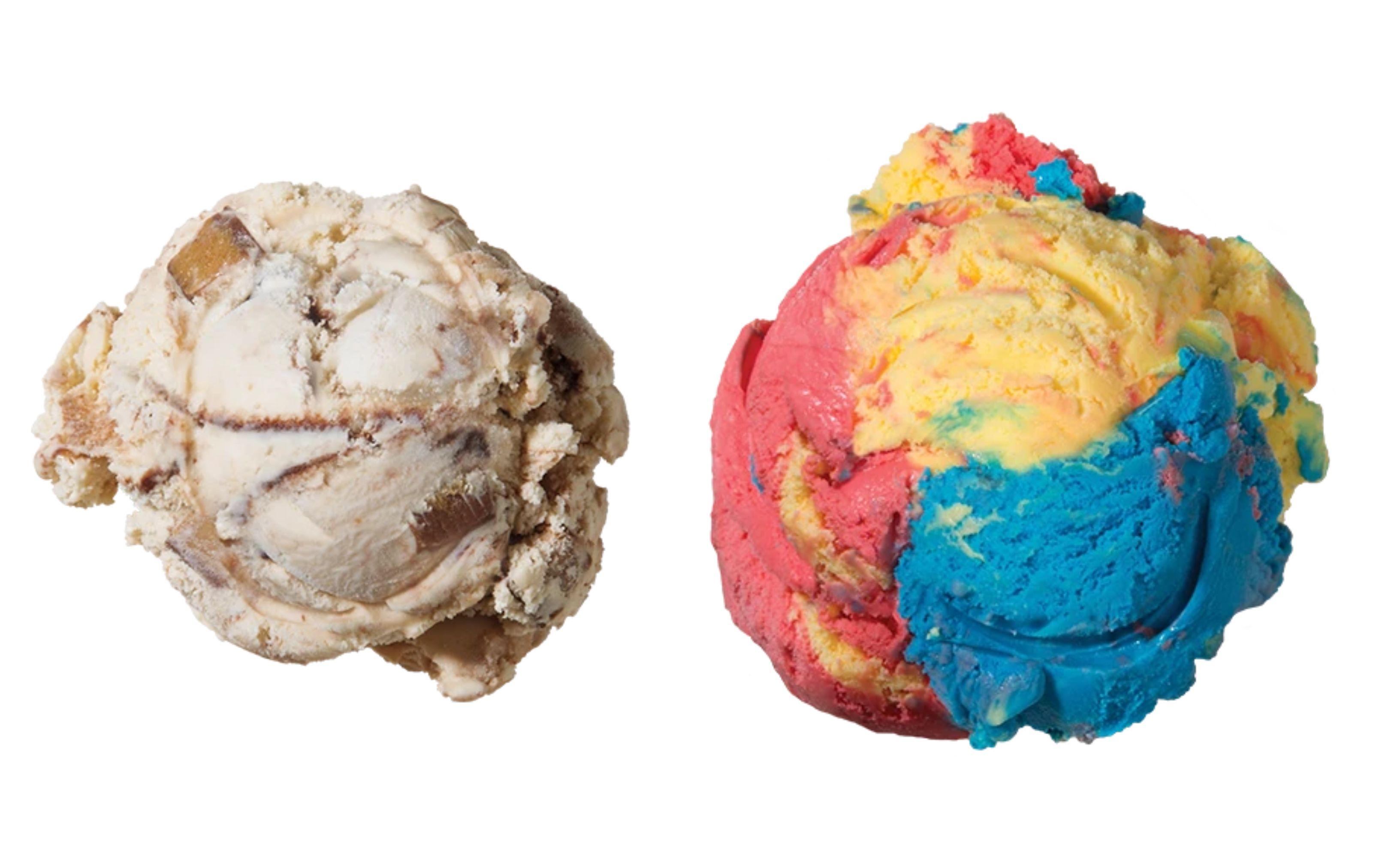 Blue Bunny brand Peanut Butter & Fudge and Scooper Hero premium ice cream flavors are pictured.