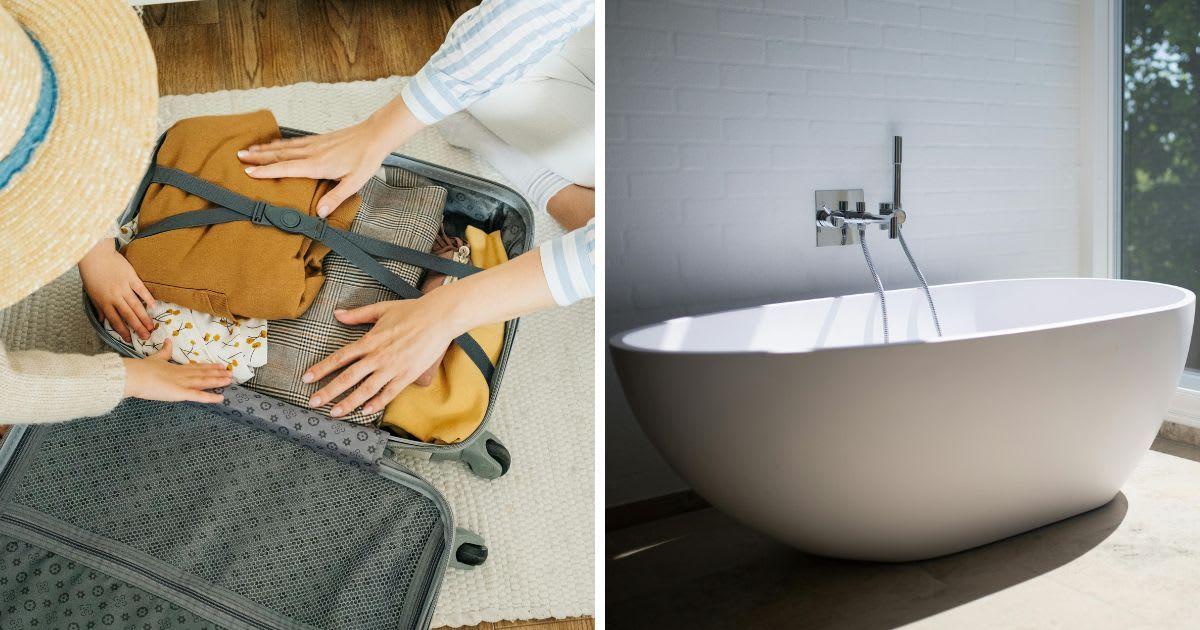 (L) Two people packing their luggage. (R) A white ceramic bathtub. (Representative Cover Image Source: Pexels | (L) Ivan Samkov, (R) Rene Terp)
