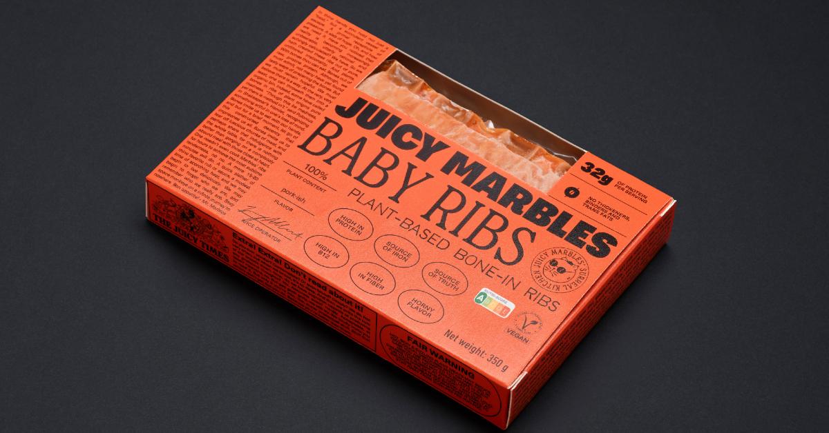 Product photo of plant-based meat company Juicy Marbles's Baby Ribs in cardboard packaging