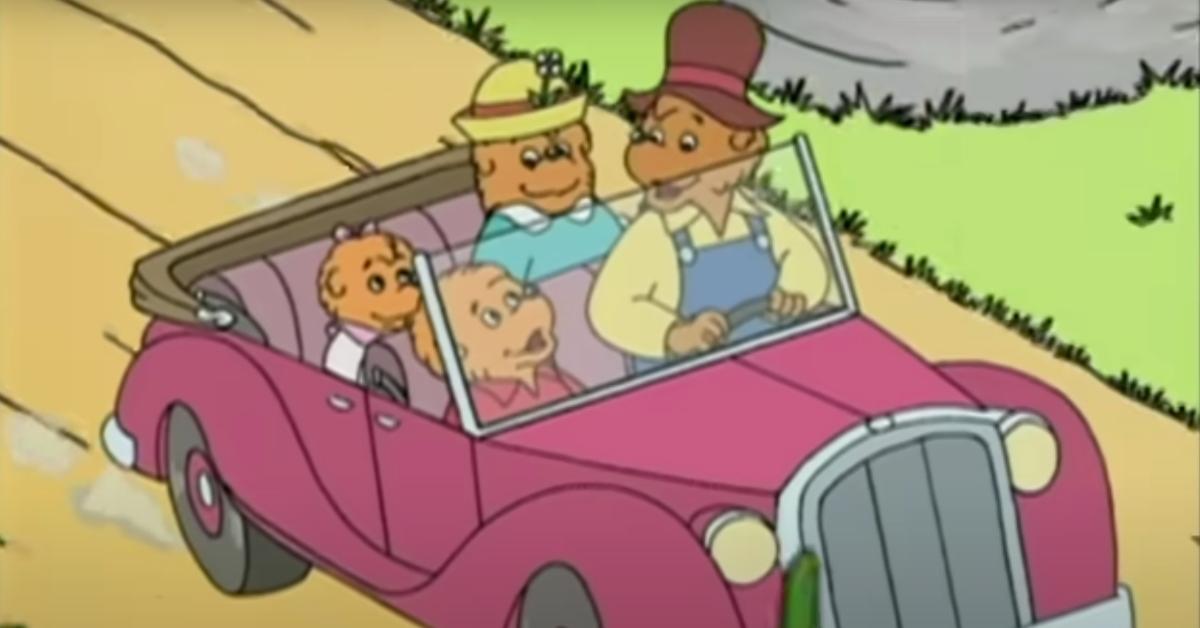 Screenshot from a Berenstain Bears cartoon that shows the bears driving in a car. 