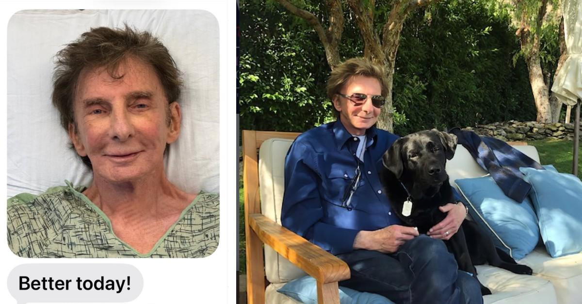 Barry Manilow lays in a hospital bed in a photo texted to a friend, next to a photo of Barry Manilow and his black lab
