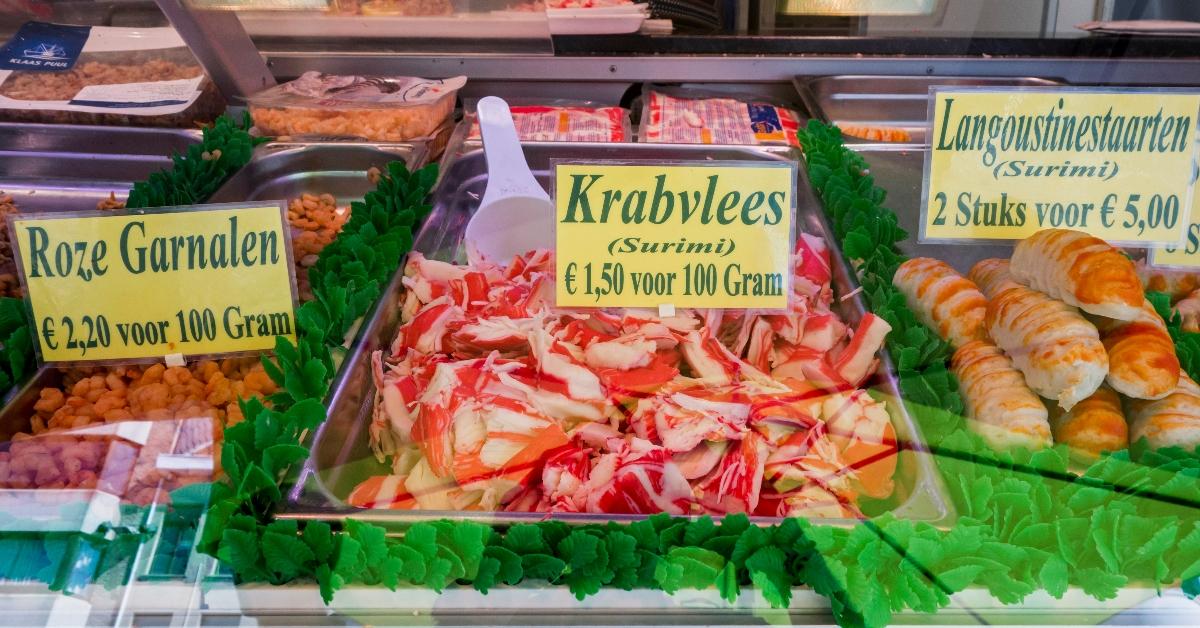 Imitation crab, or surimi, at a deli counter. 