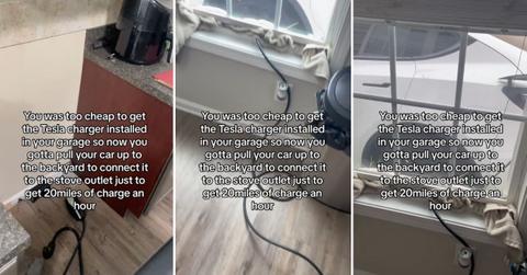 Screenshots of TikTok of Tesla charging in kitchen.