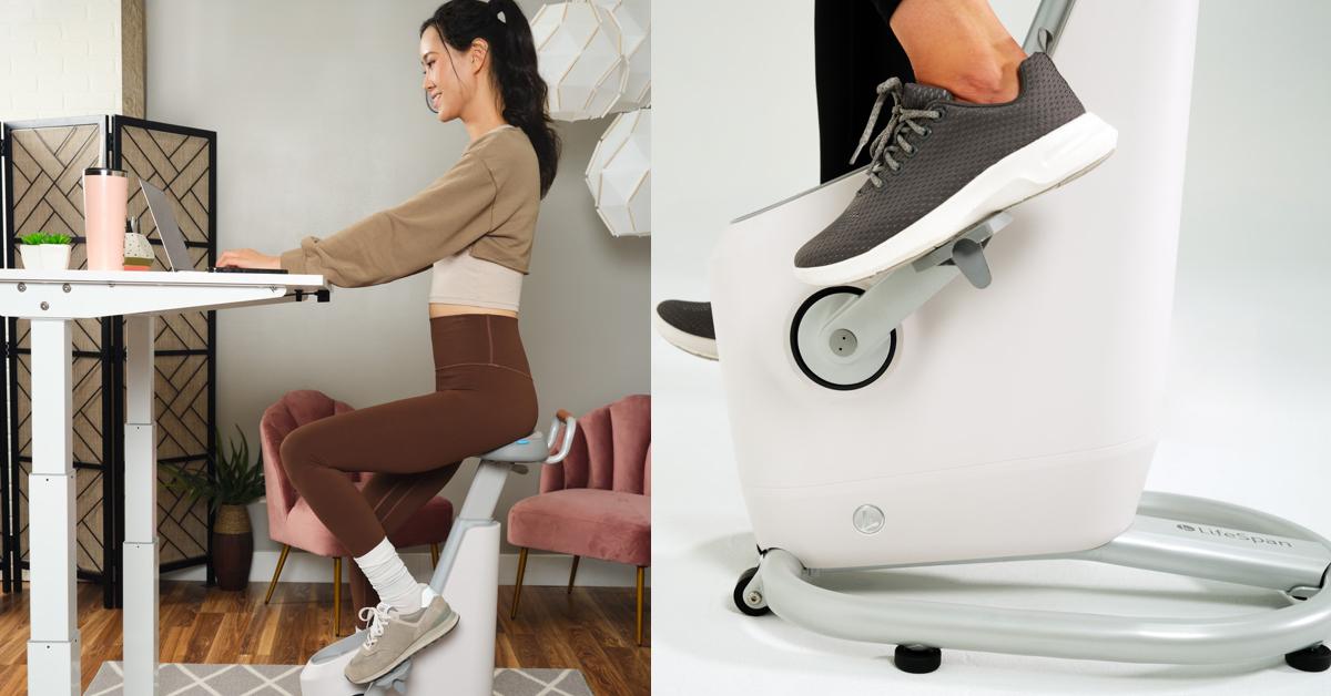 A woman sits on a stationary bike while working at a standing desk; a closeup of feet resting on the pedals of the stationary bike.