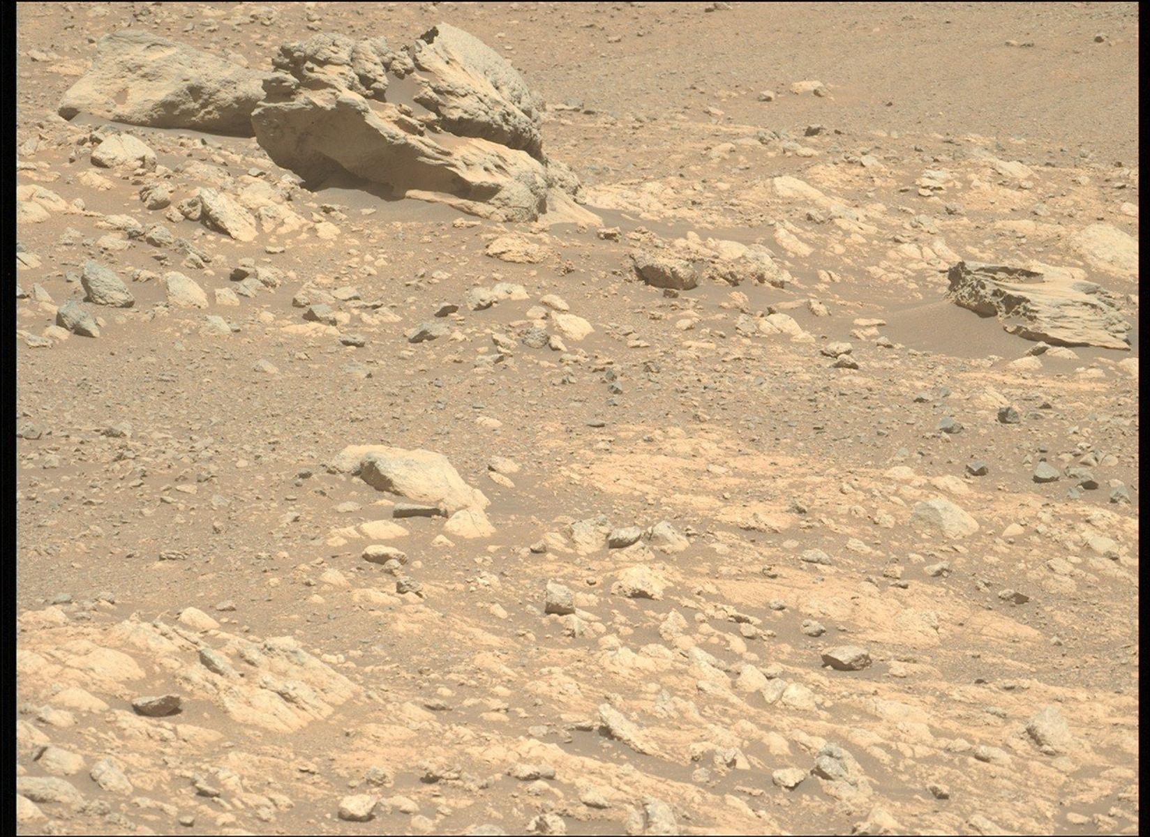 An unusually shaped rock is pictured on Mars.
