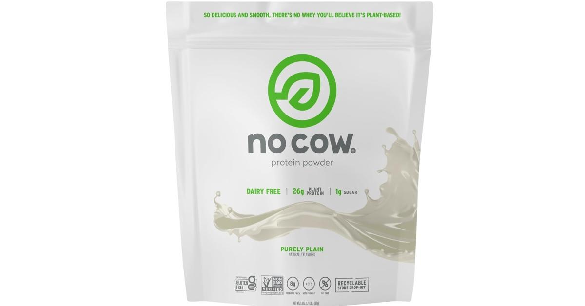 Pouch of No Cow's Vegan Protein Powder on white background