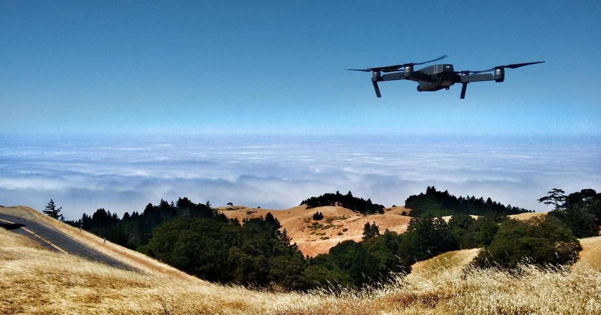 Black drone flies over Mount Tamalpais in California. 