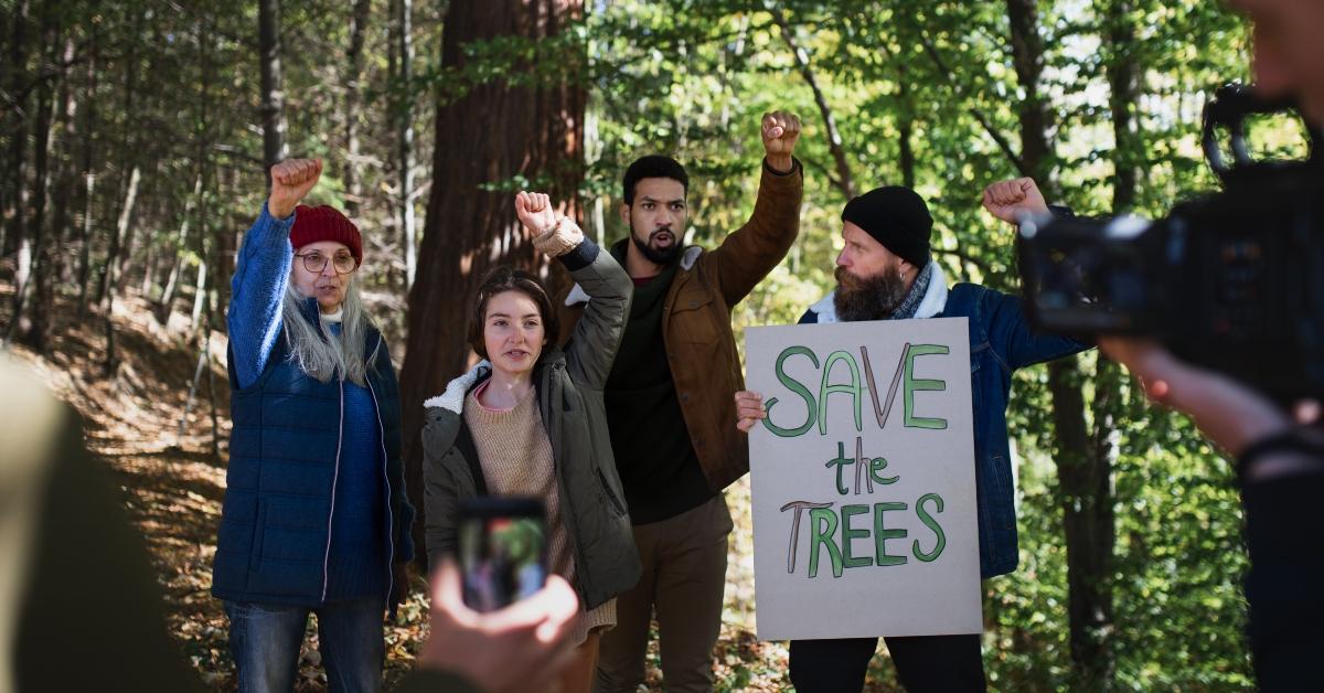 Group of environmentalist picketing to save the trees. 