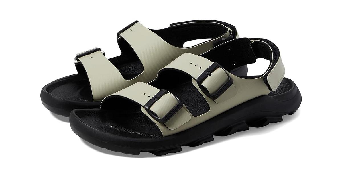 pair of Birkenstock Mogami Terra sandals in green with black soles