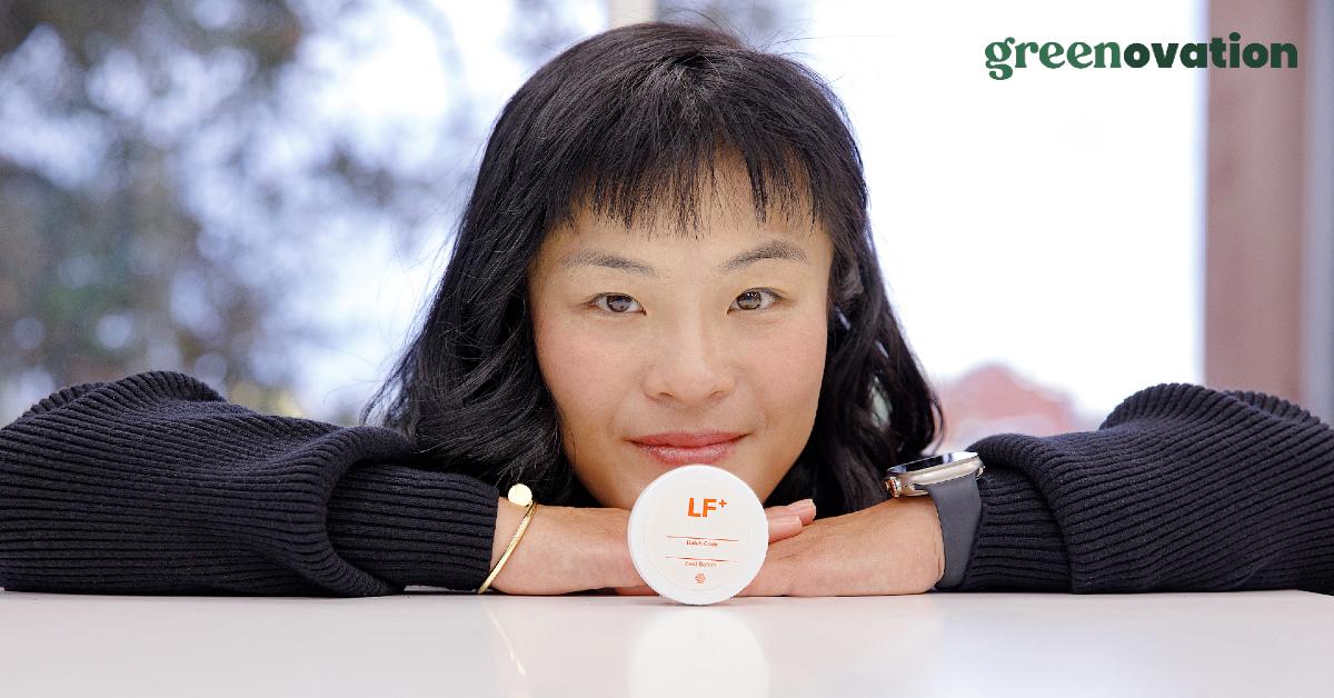 Headshot of TurtleTree CEO and co-founder Fengru Lin with the company's vegan lactoferrin product, LF+  
