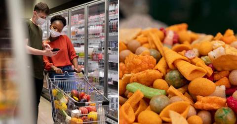 (L) Two shoppers are checking their phones in the supermarket. (R) A close-up shot of snack mix. (Representative Cover Image Source: Freepik )