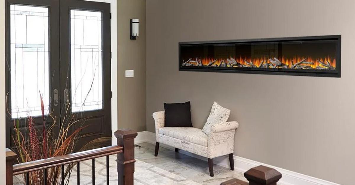 Built-in electric fireplace in an entryway