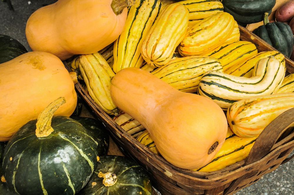 Various kinds of squash and pumpkins in and around a wicker basket. 