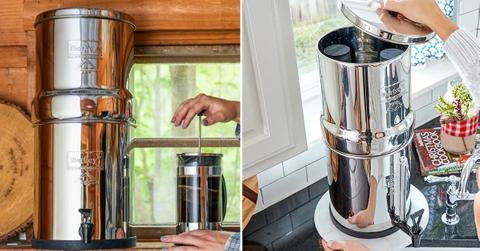 Two images of Berkey water filters on home counters