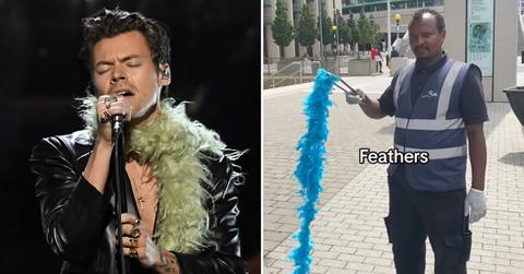 Harry Styles performs in a green feather boa and black leather jacket; a man in uniform in Wembley Park holds up a blue feather boa with tongs