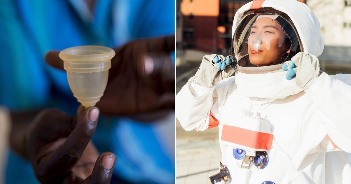 (L) A woman holding a menstrual cup; (R) An astronaut. (Representative Cover Image Source: Getty Images | (L) Jonathan Torgovnik; (R) Westend61)