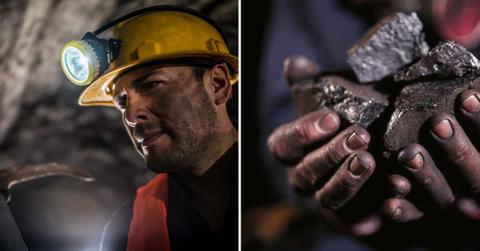(L) Mine worker extracting minerals from a wall, (R) Hands holding coal rocks from a mining operation. (Representative Cover Image Source: Getty Images | (L) Dennis Lane, (R) Ameresr)