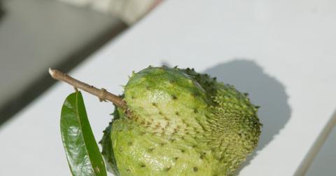 Green soursop fruit on a white surface