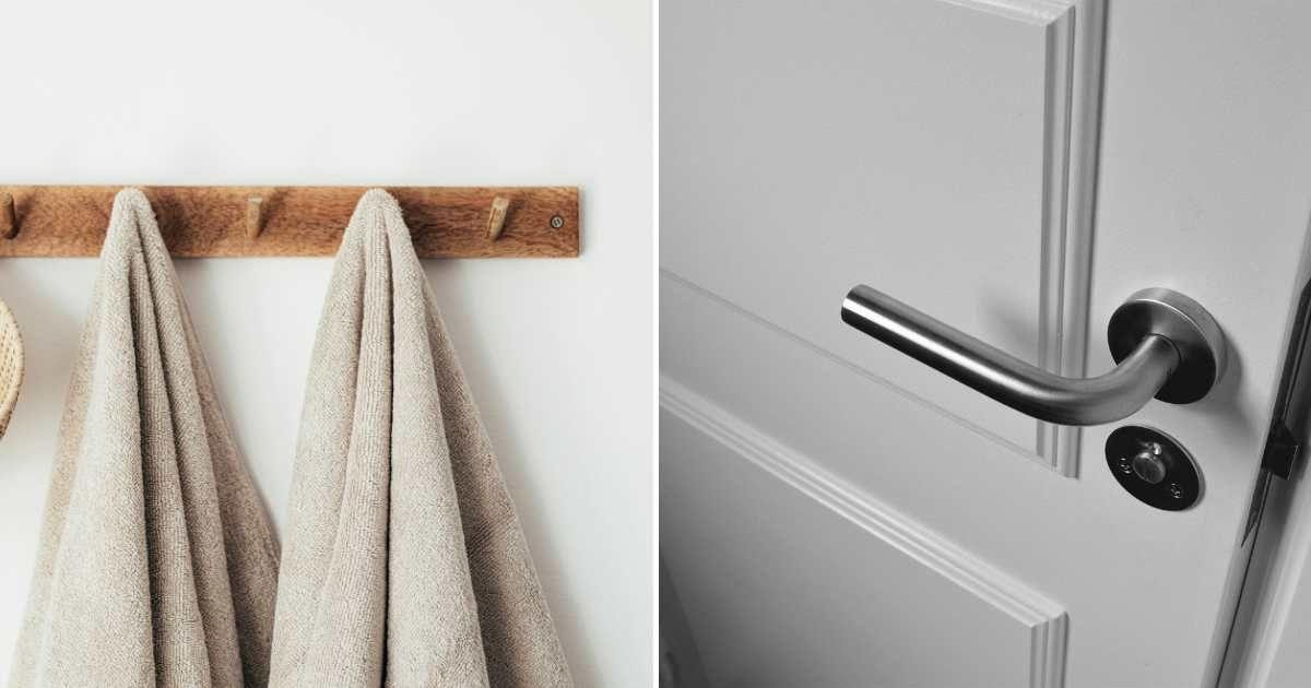 (L) Towels hanging in a bathroom. (R) A door remains closed. (Representative Cover Image Source: Pexels | (L) Kaboompics.com, (R) Jonathan Petersson)