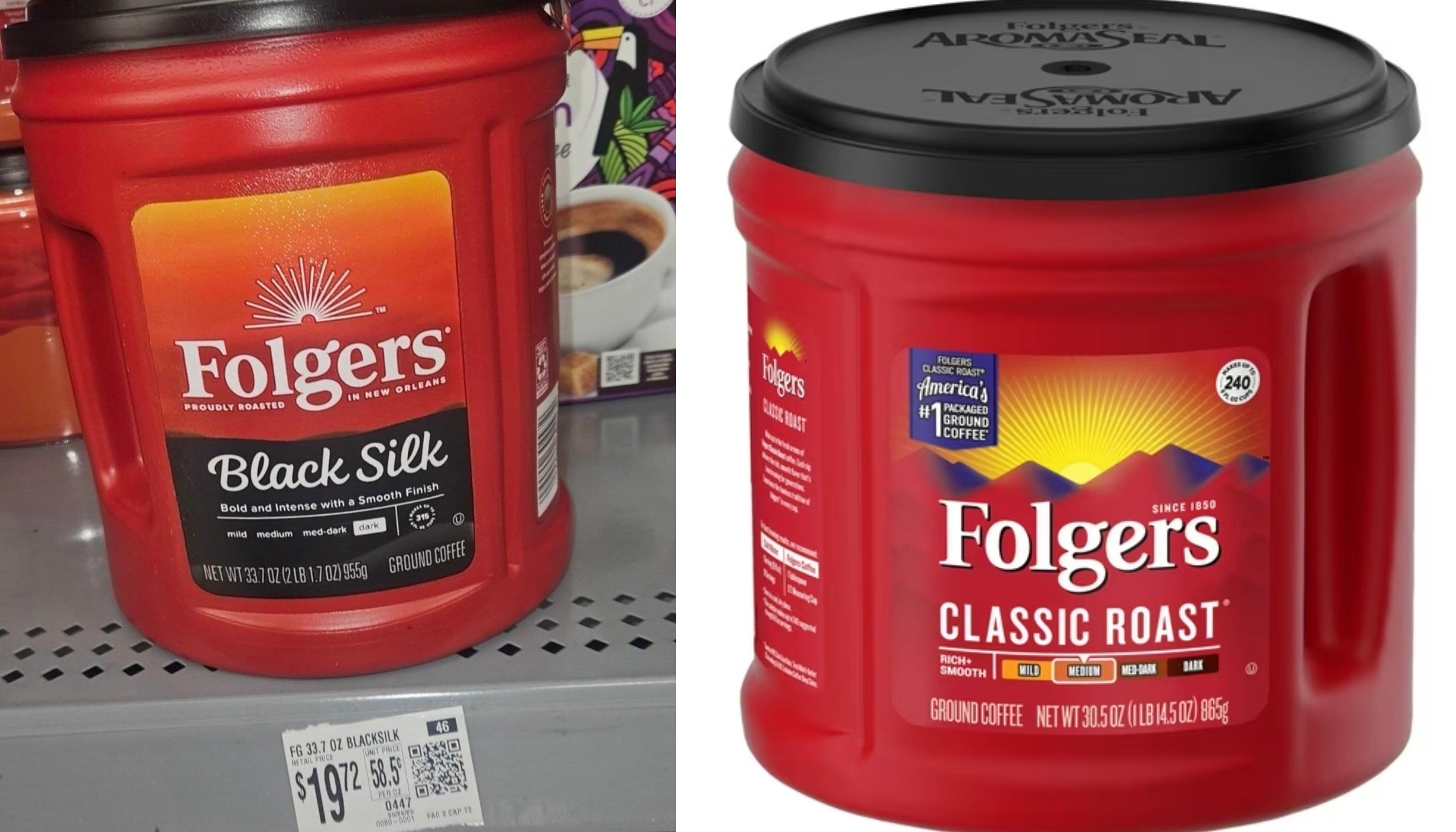 Two pictures of Folgers coffee side by side.