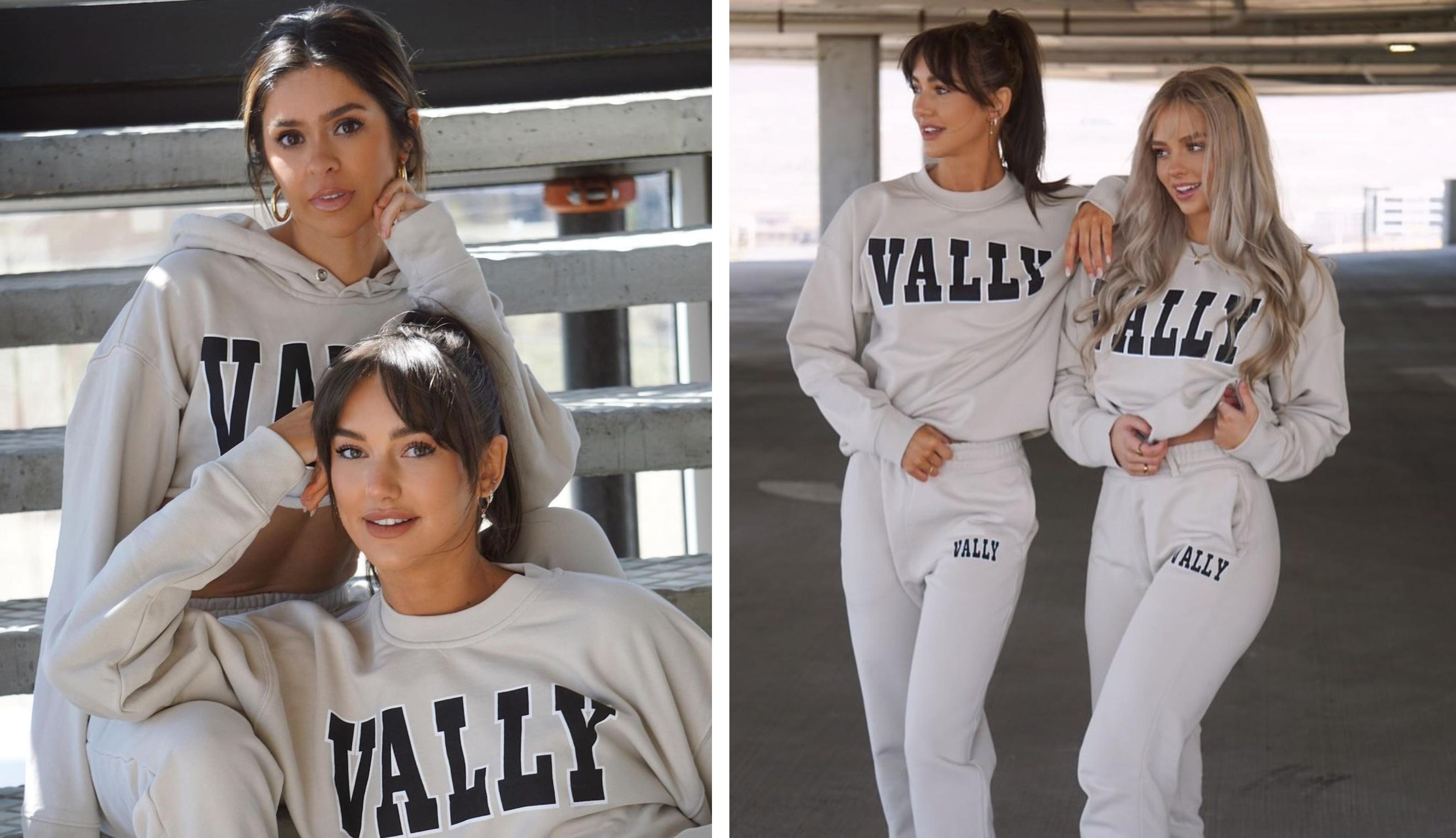 Happy Vally clothing models are pictured in the brand's sweatshirt and sweatpants.