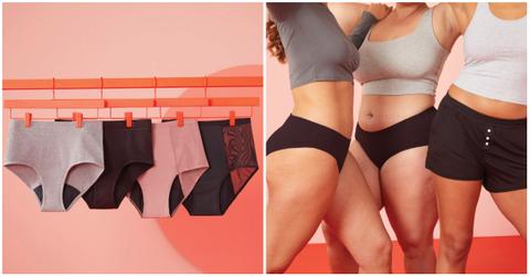 Four pairs of Thinx underwear hang on an orange clothesline in front of a pink background (left), three people wearing black Thinx underwear stand next to each other in front of a pink background.