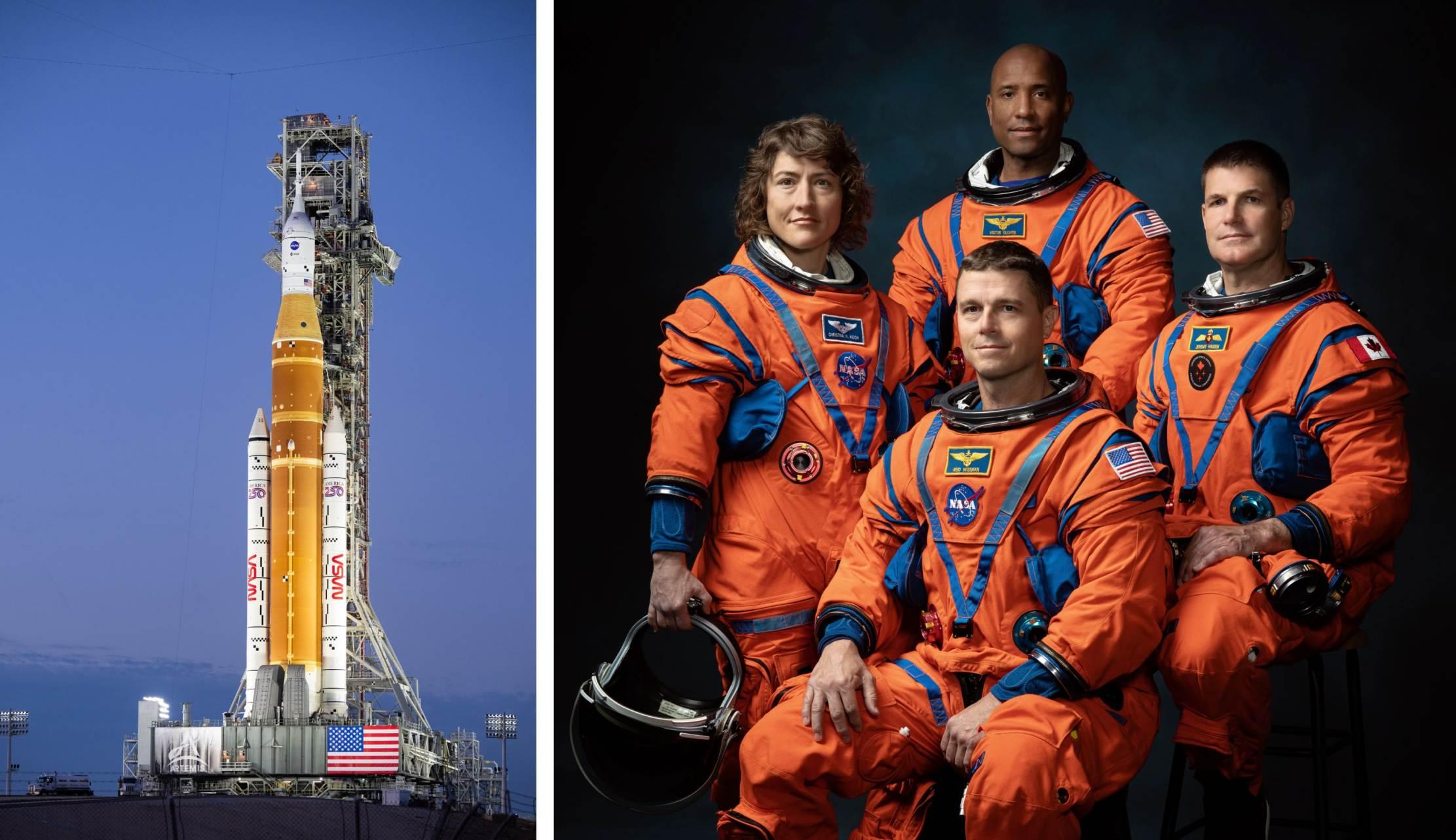 The Artemis II rocket is pictured (left) and the crew is pictured (right).