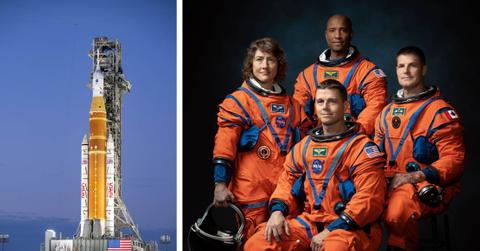 The Artemis II rocket is pictured (left) and the crew is pictured (right).