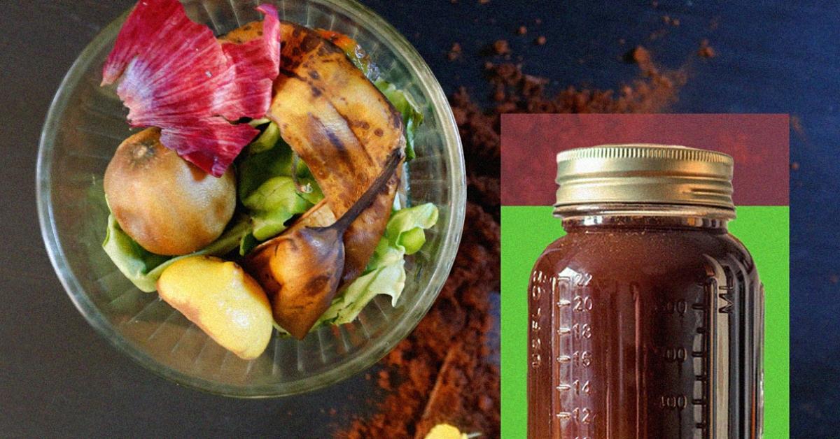 Bowl of food scraps for compost alongside an image of jarred compost tea