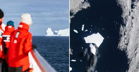 (L) People on a ship watching an iceberg in Antarctica (Representative Cover Image Source: Getty Images | Andrew Peacock) | (R) A-23A breaking into fragments (Cover Image Source: NASA Earth Observatory)