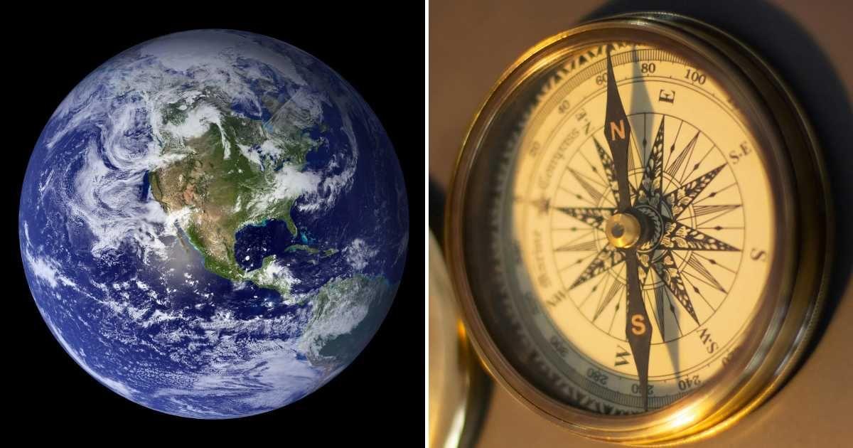 (L) The satellite view of Earth. (R) A compass indicating the directions of the North and South Poles. (Representative Cover Image Source: Pexels | (L) Pixabay (R) Jaiju Jacob)