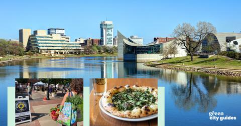 Over an image of a river in Wichita, Kansas is an inset photo of a farmers market, and a photo of a pizza.