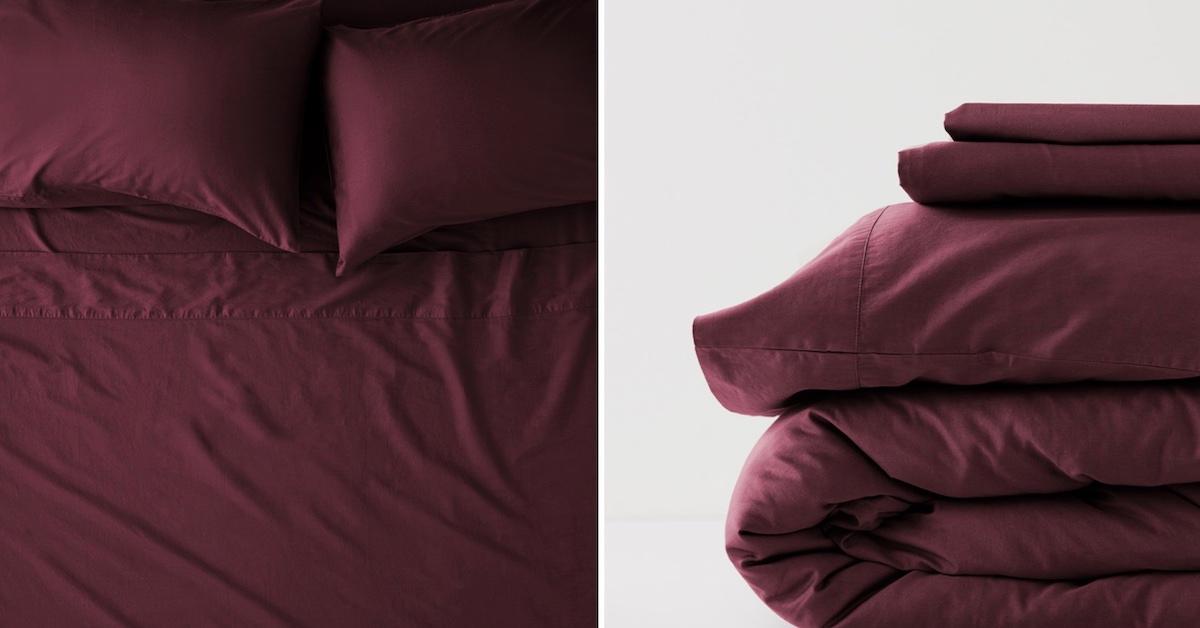 Two closeups of raisin-colored sheet set