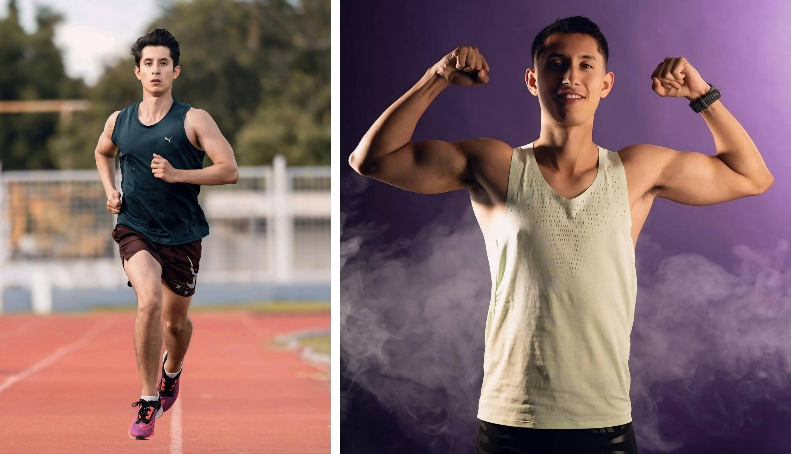 One male athlete runs on a track (left) while another male athlete shows off his arm muscles (right).