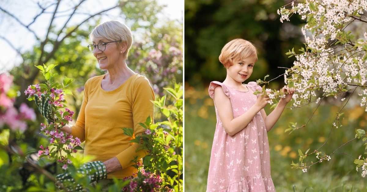 (L) A senior woman feeling nostalgic in her garden. (R) A little girl adores the flowers in her garden. (Representative Cover Image Source: Getty Images | (L)LittleBee80, (R) Liubov Kaplitskaya)