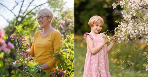 (L) A senior woman feeling nostalgic in her garden. (R) A little girl adores the flowers in her garden. (Representative Cover Image Source: Getty Images | (L)LittleBee80, (R) Liubov Kaplitskaya)