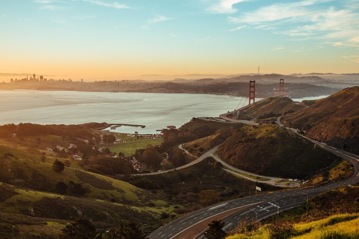 Aerial view of roads near the Golden Gate Bridge and looking toward San Francisco