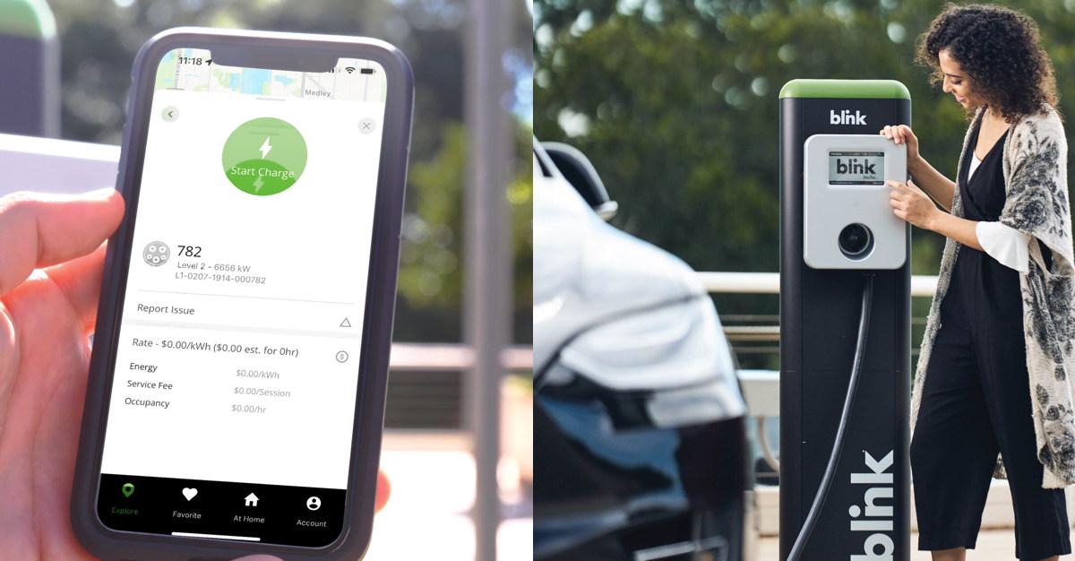 Closeup of an iPhone with the Blink app open; a woman stands next to her electric car plugged into a Blink charging station.