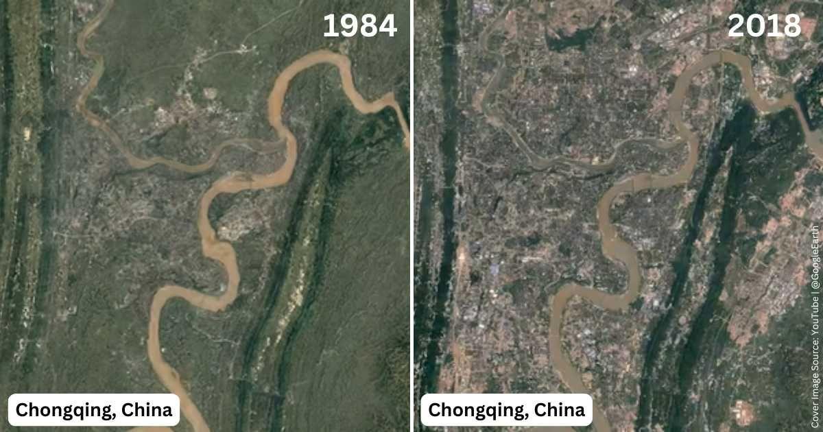 Comparison of urban expansion in Chongqing, the mountain city of China between 1984 and 2018. (Cover Image Source: YouTube | @googleearth)