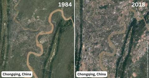 Comparison of urban expansion in Chongqing, the mountain city of China between 1984 and 2018. (Cover Image Source: YouTube | @googleearth)