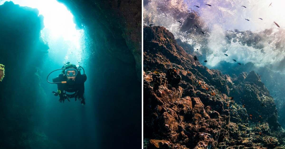 (L) Diver exploring the depths of a spooky channel, (R) A surreal view of an underwater mountain. (Representative Cover Image Source: (L) Antonio Busiello, (R) Kittisun kittayacharoenpong)