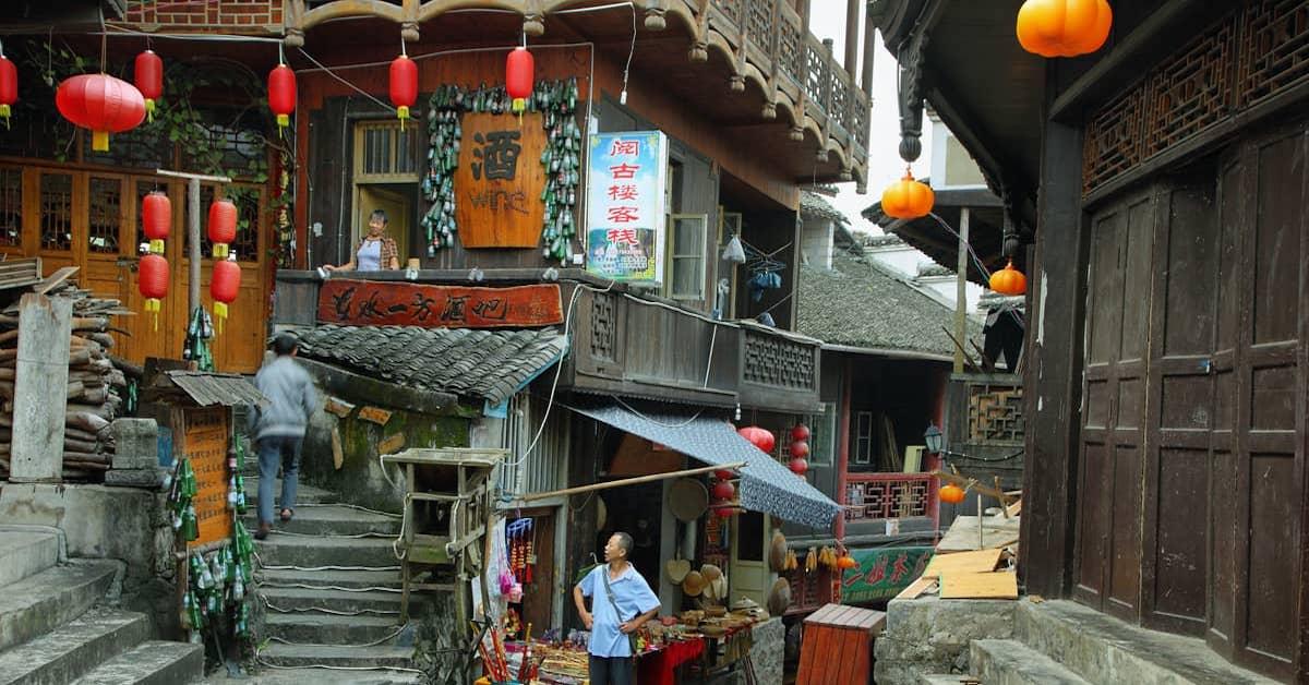 Close-up view of the ancient wooden architecture still visible in Furong Ancient Town.