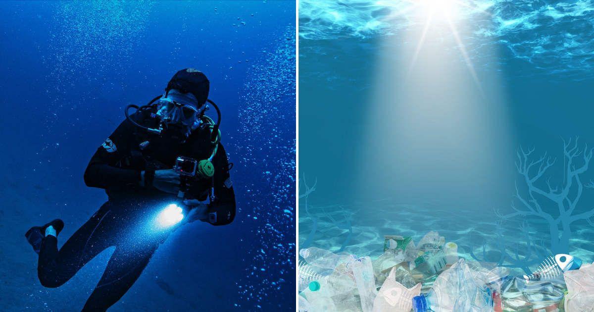 (L) A diver exploring deep into the sea. (R) An illustration of plastic in the ocean bed. (Representative Cover Image Source: (L) Pexels | Mael Balland, (R) Pixabay | RosZie)