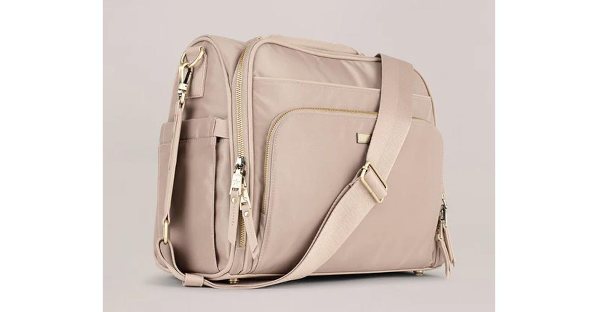 taupe messenger-style diaper bag