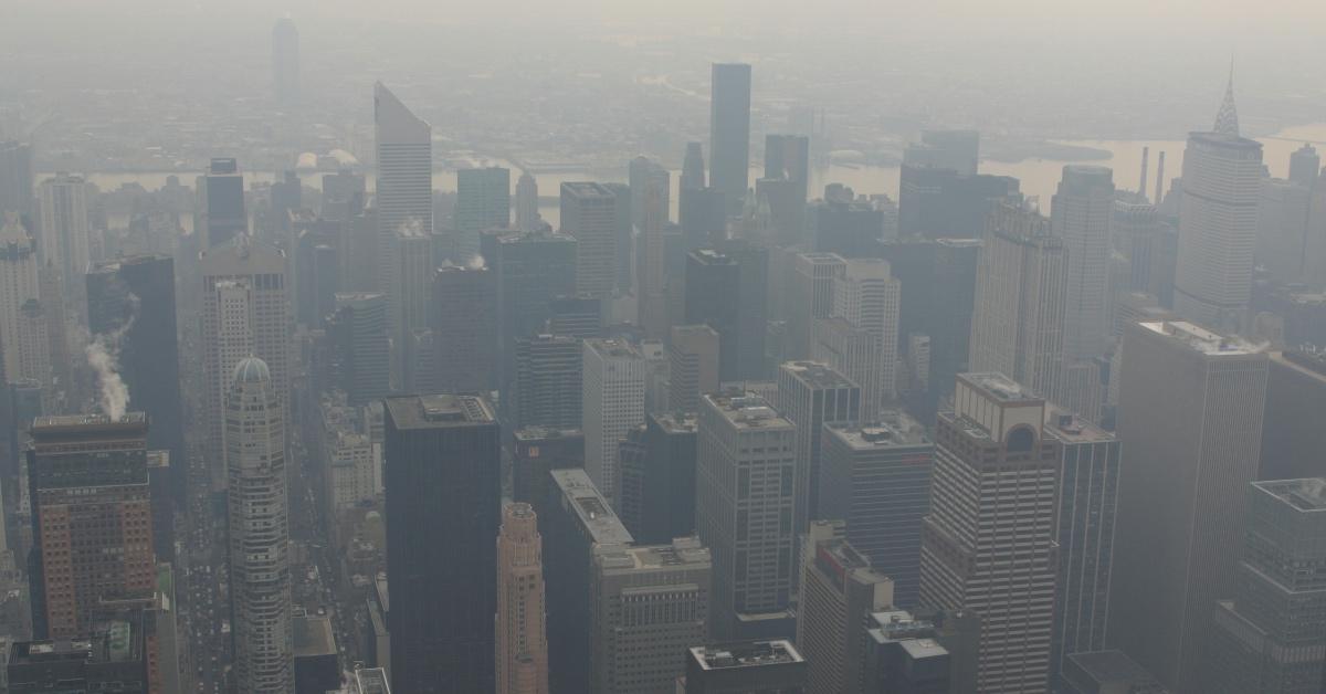 Haze over a city scape.