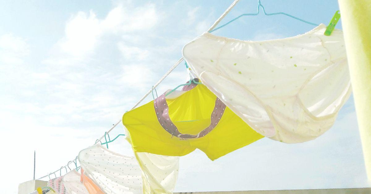 A clothesline with different colors of hanging underwear.